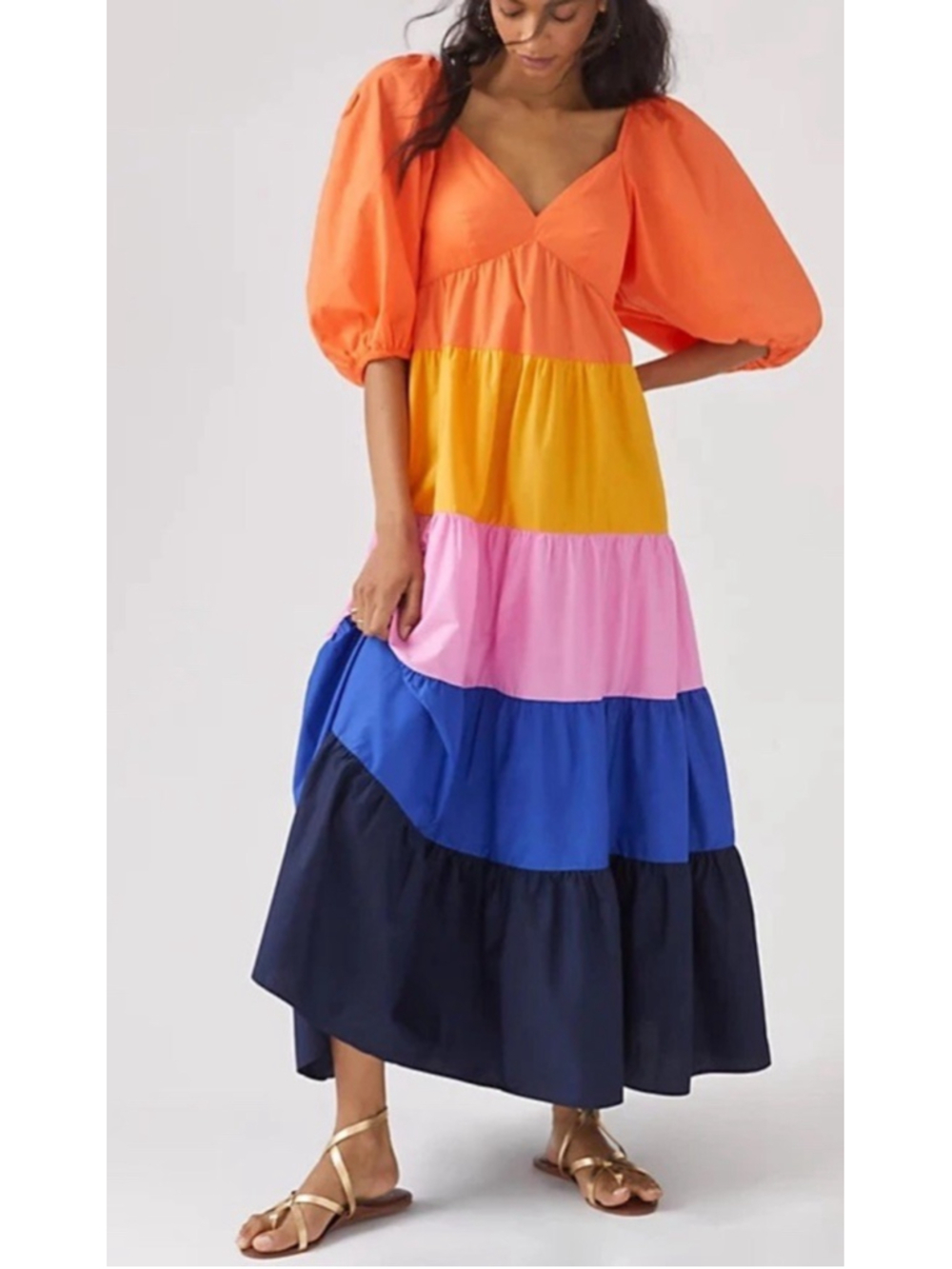 Farm Rio Colorblock Maxi Dress Balloon Sleeve Tiered Size S STUNNING!!
